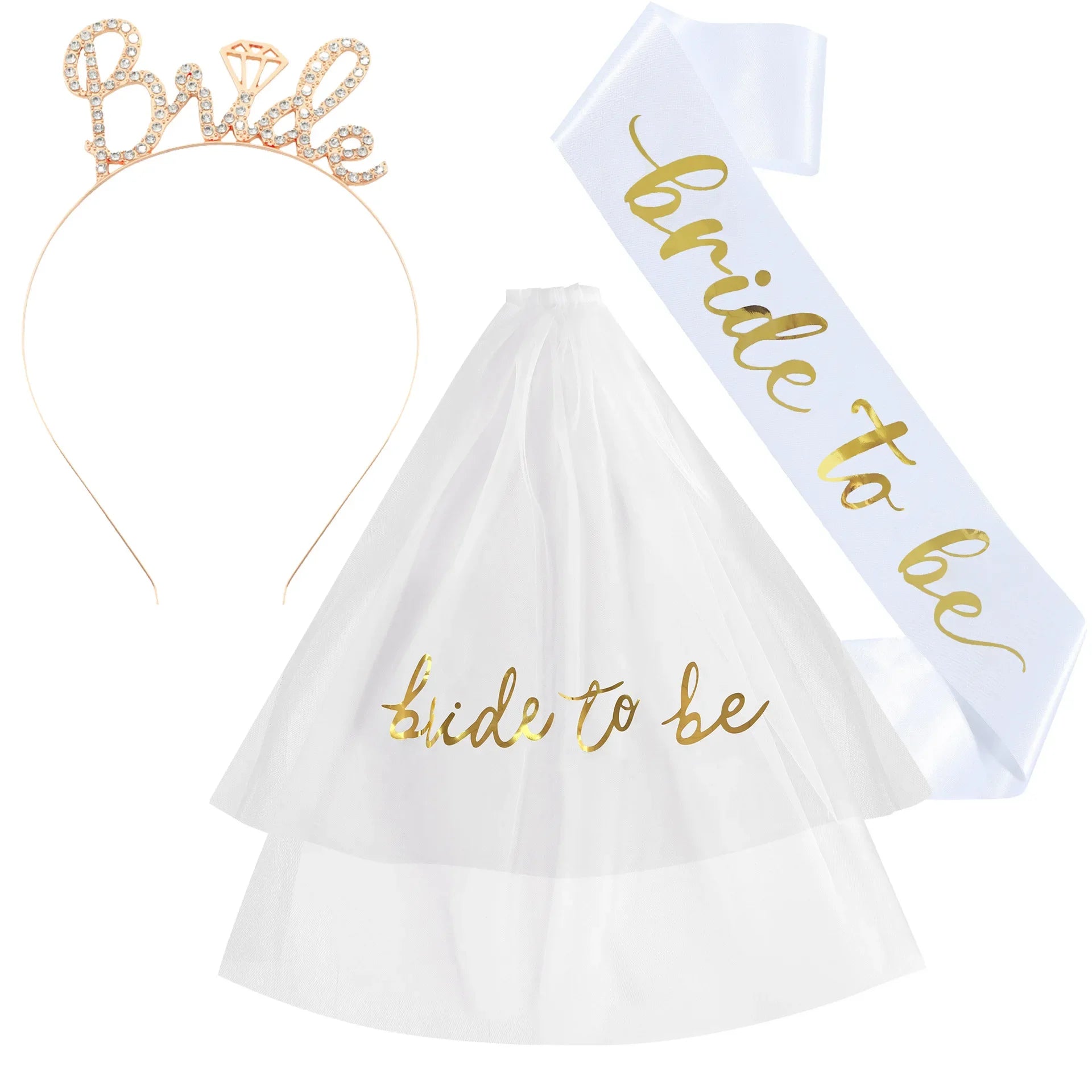Ensemble de 3 accessoires de fête de mariage pour mariée avec écharpe, diadème et voile pour les décorations de fête prénuptiale et d'enterrement de vie de jeune fille