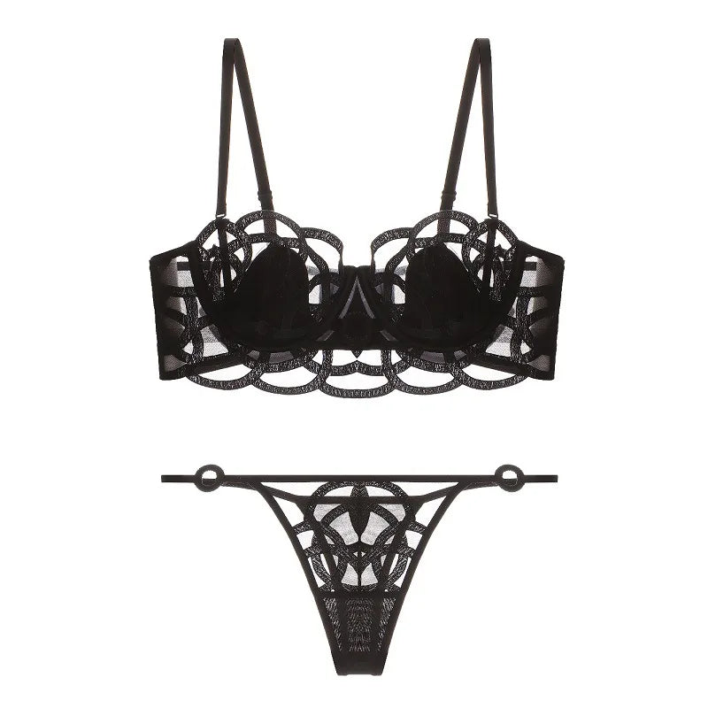 CINOON Lingerie sexy brodée pour femme Ensemble soutien-gorge push-up en dentelle fine et transparente + porte-jarretelles + string, ensemble de 3 pièces de lingerie française