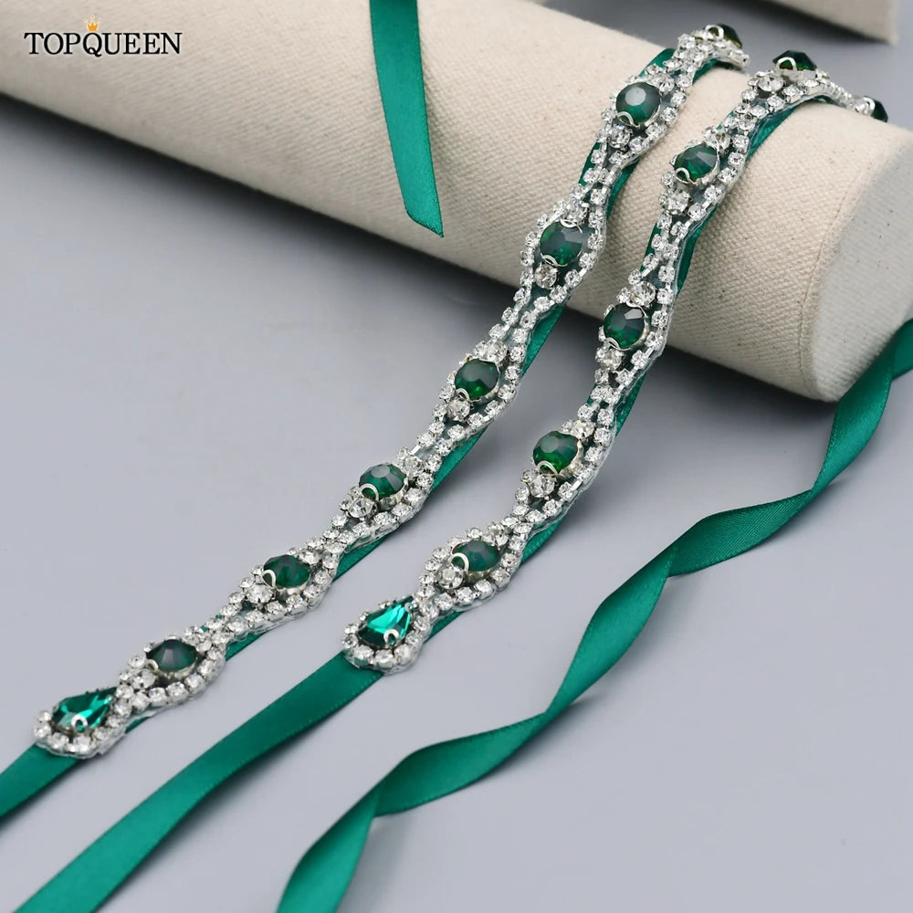 TOPQUEEN Multiple Styles Green Belt With Diamonds Bridal Wedding Accessories Rhinestone Women'S Dresses Evening Girdles S30