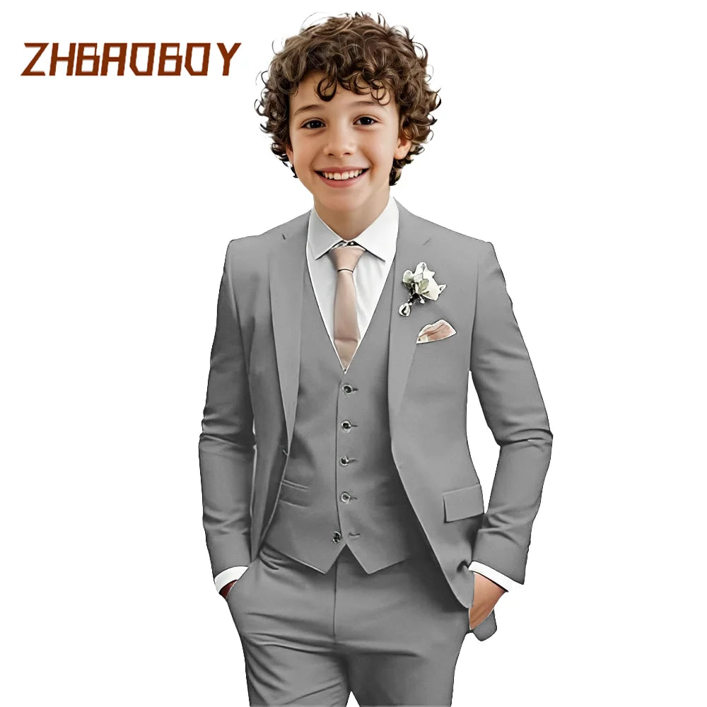 Costume Garçon 3 Pièces Coupe Slim Smoking Enfant Tenue de Mariage Formelle Ensemble Blazer Gilet Pantalon