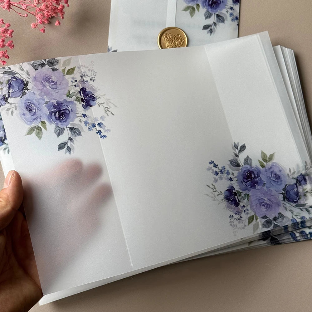 20pcs Watercolor flower Vellum  Wrap suitable for a 5 x 7 Wedding Invitation,vellum jacket,custom invitation