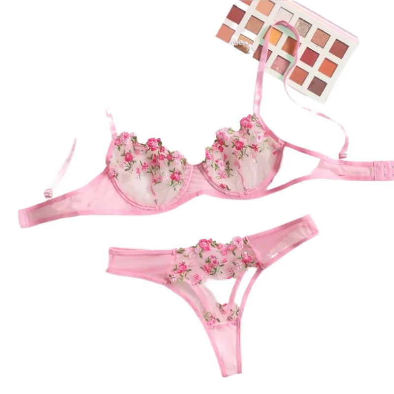 Lingerie Sexy Broderie Florale Sous-Vêtements Dentelle Transparente Court Kits de Soins de la Peau Ensemble Fée Délicate Femme 2 Pièces