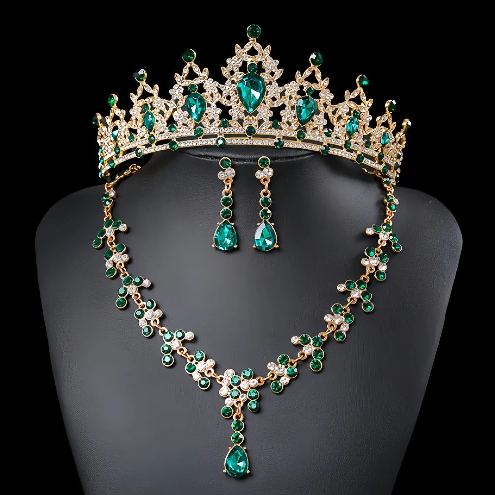 Accessoires de mariée tendance et élégants, parure 3 pièces : Couronne de mariée, collier, boucles d'oreilles, accessoires pour robe de mariée