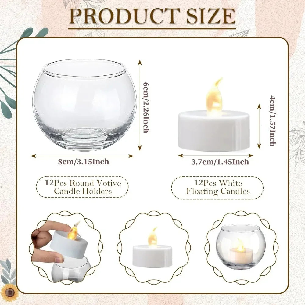 6Pcs Round Votive Candle Holders Glass Tealight Candle Holder Cup with LED Candles for Valentine's Day, Birthday Wedding Decor