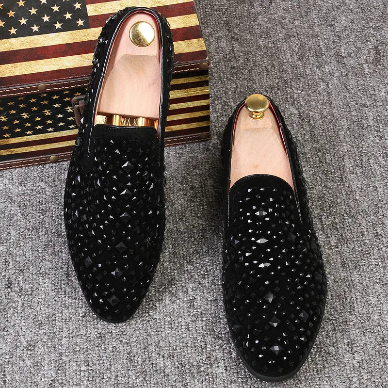 Chaussures habillées pour hommes de luxe à bout pointu, mocassins noirs, en jean, à paillettes métalliques, chaussures de mode de haute qualité pour hommes, chaussures de mariage, nouveauté