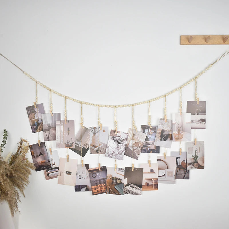 Décoration Murale Accrochable Photo, Décoration Bohème pour la Maison, Perles en Bois, Tapisserie Macramé Murale, Décoration de Chambre Esthétique, Cadeau