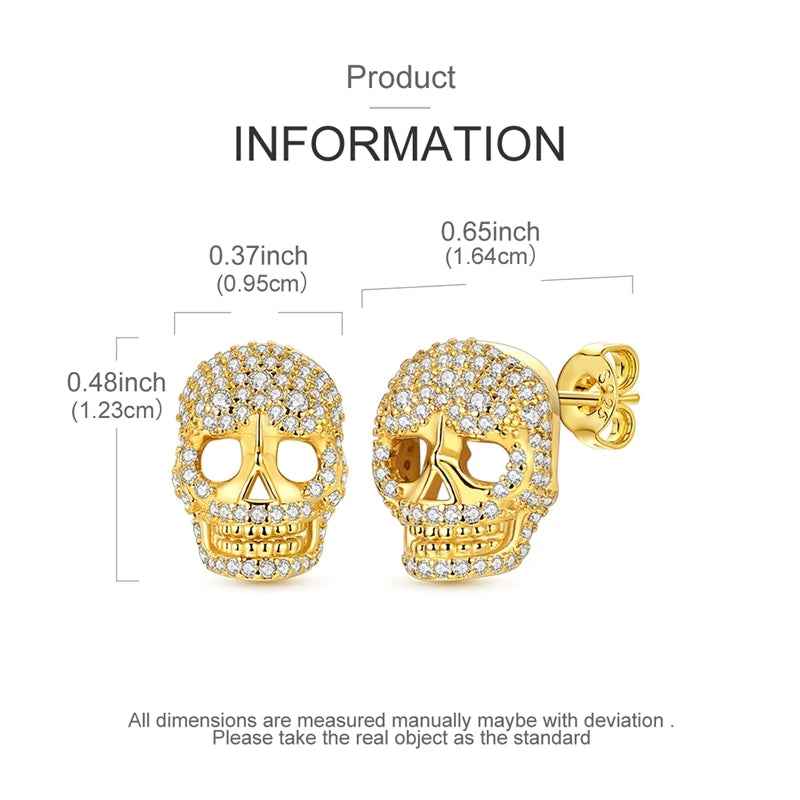 Boucles d'oreilles clous Tête de mort en or et zircon — Argent sterling 925