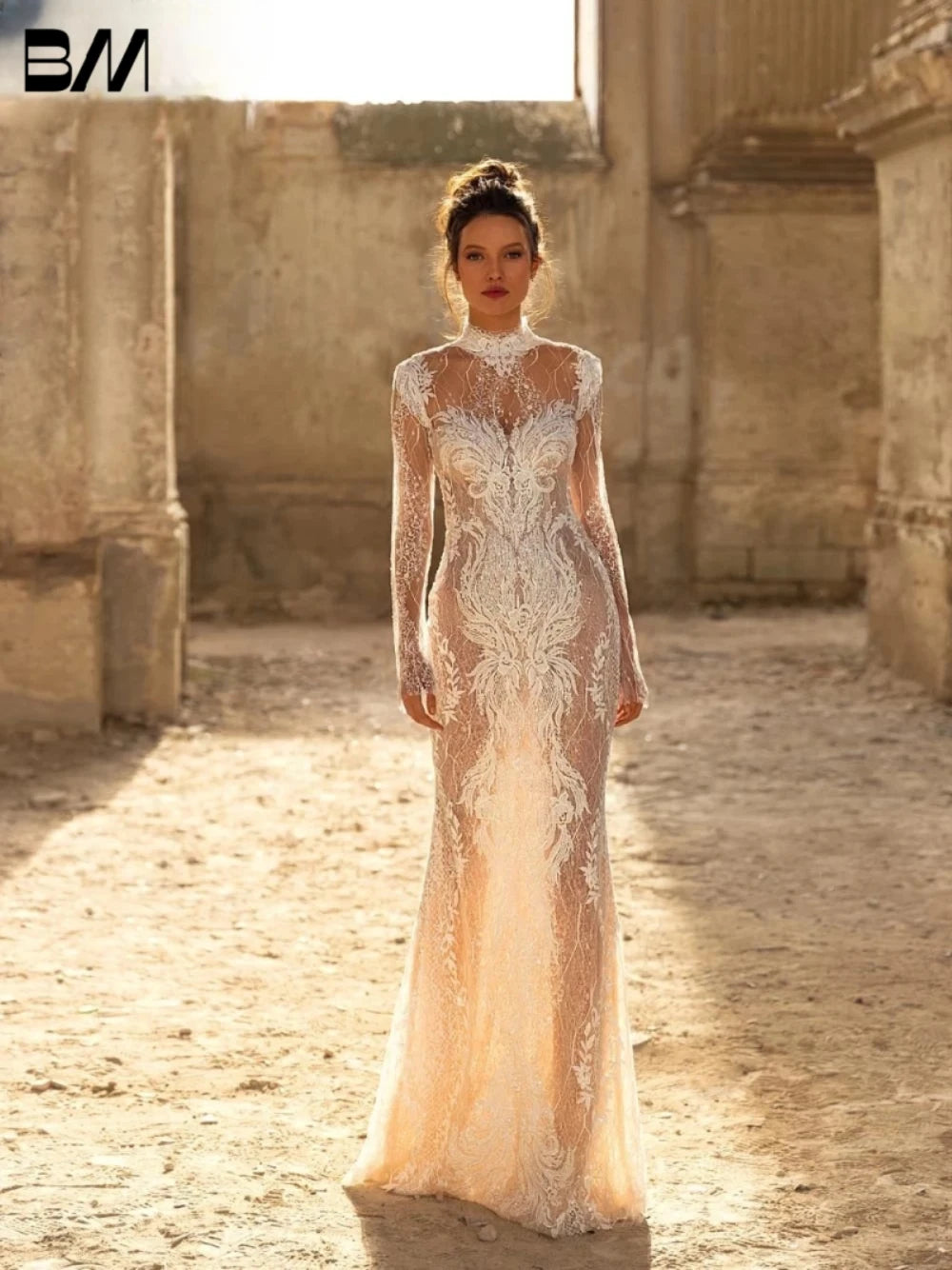 See-Through Lace Mermaid Wedding Dress | High Neck Long Sleeve Bridal Gown