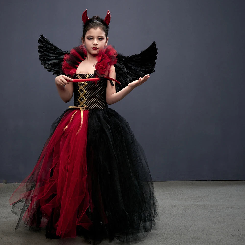 Costume de petite fille vampire gothique Robe de reine maléfique Tutu pour Halloween Fête cosplay Vêtements pour enfants Déguisement
