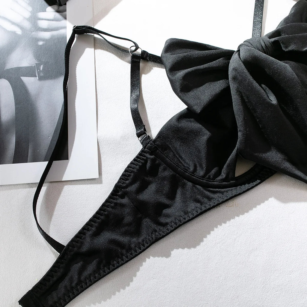 Ensemble de lingerie sexy - Soutien-gorge à nœud, Ensemble de soutien-gorge noir tentation, Ensemble quatre pièces sous-vêtements femme avec ceinture et découpes, Nuisette érotique