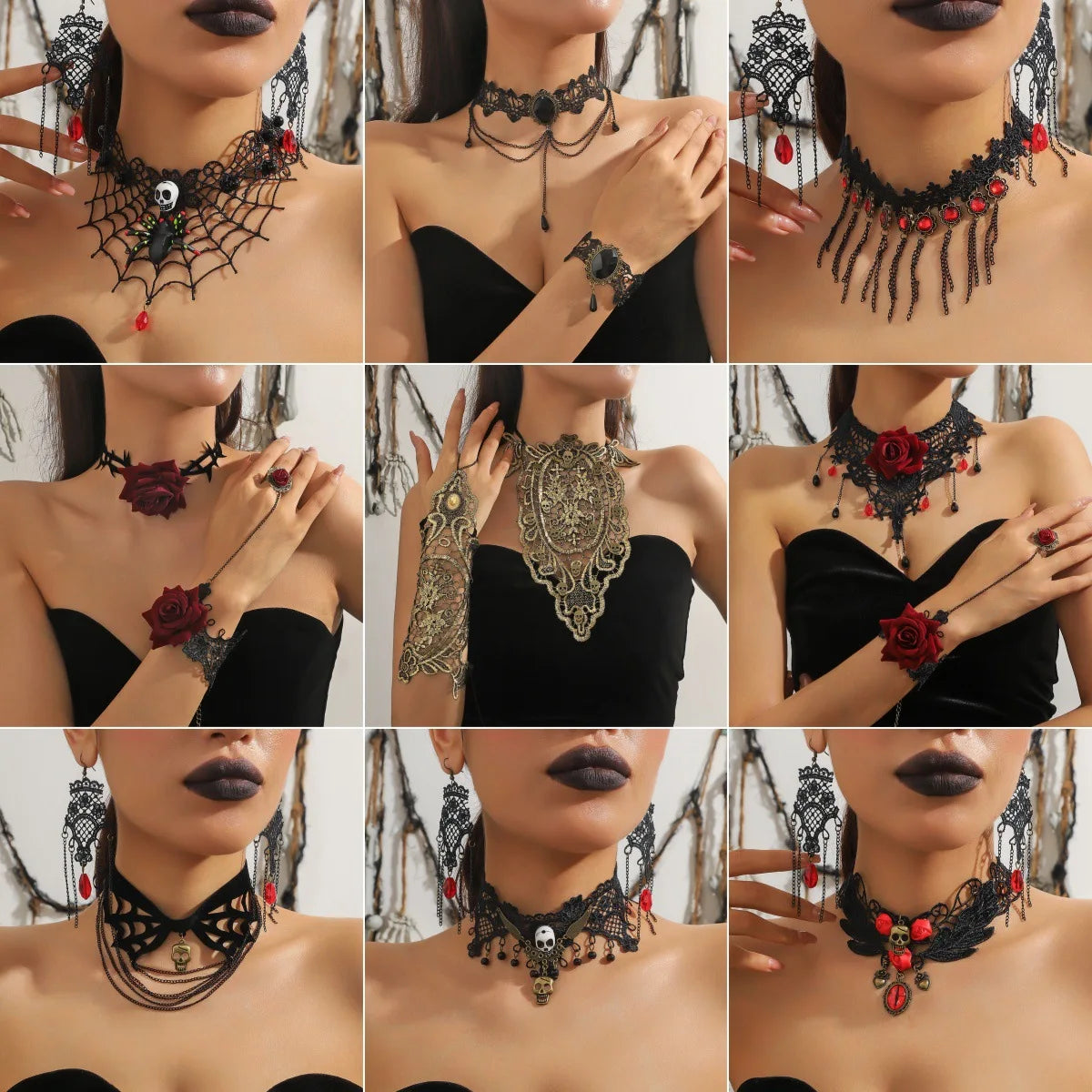 Gothic Skull & Floral Choker Necklace — Halloween & Alternative Wedding Jewelry