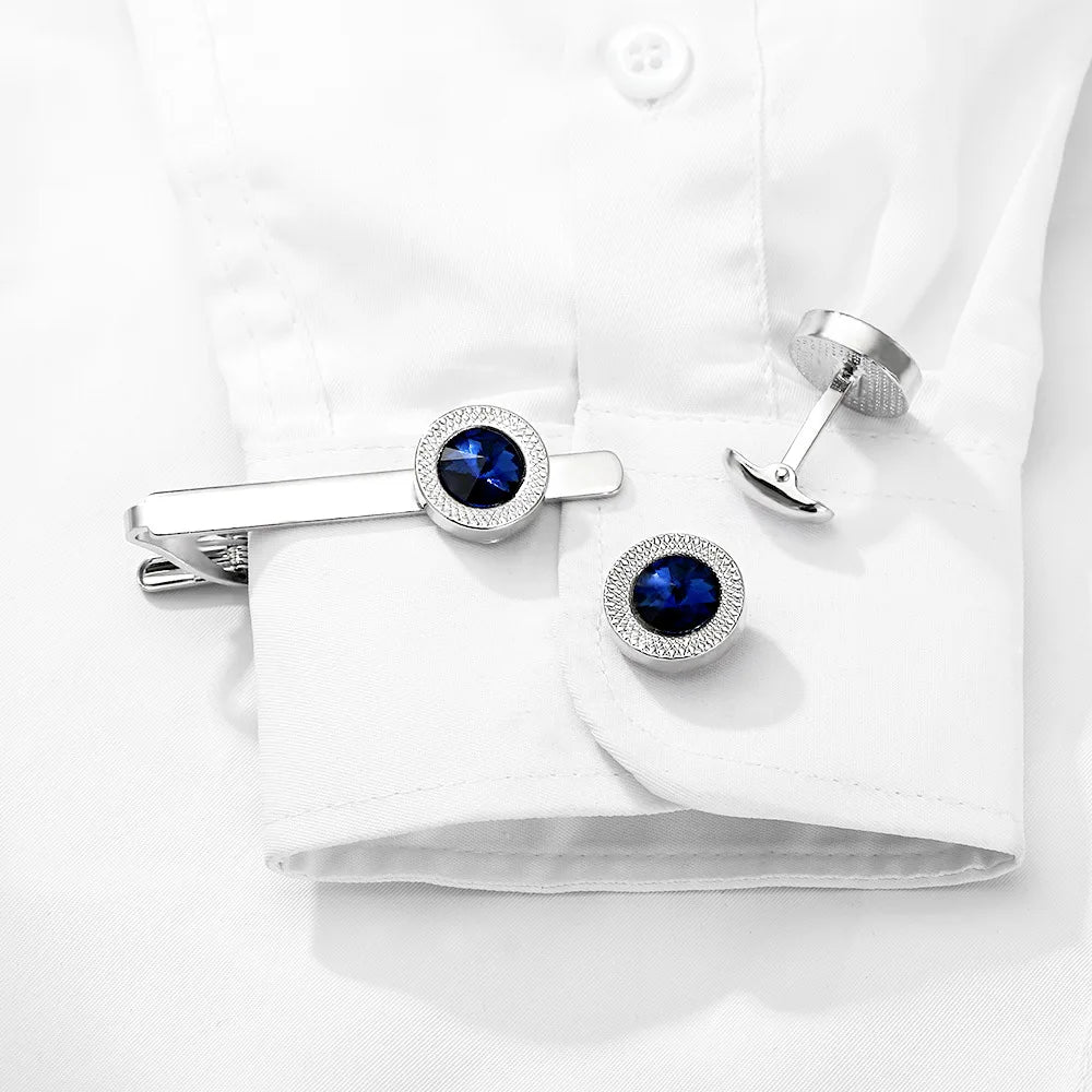 Fashionable Men's French Shirt Accessories Round Blue Crystal Cufflinks Diamond Embedded Sleeve Studs Tie Clip Wedding Gift