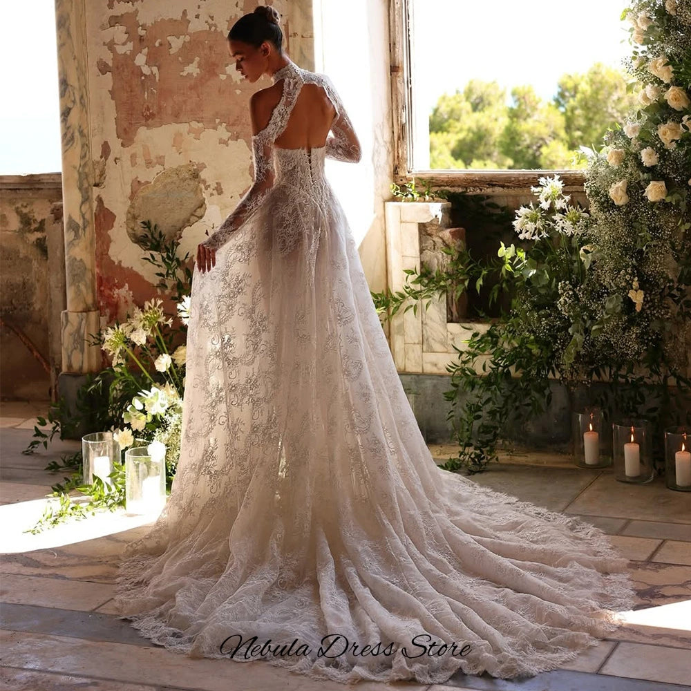 Robe de mariée élégante personnalisée à manches longues et col haut, avec de charmantes appliques en dentelle, fendue sur le côté, Vestido De Novia.