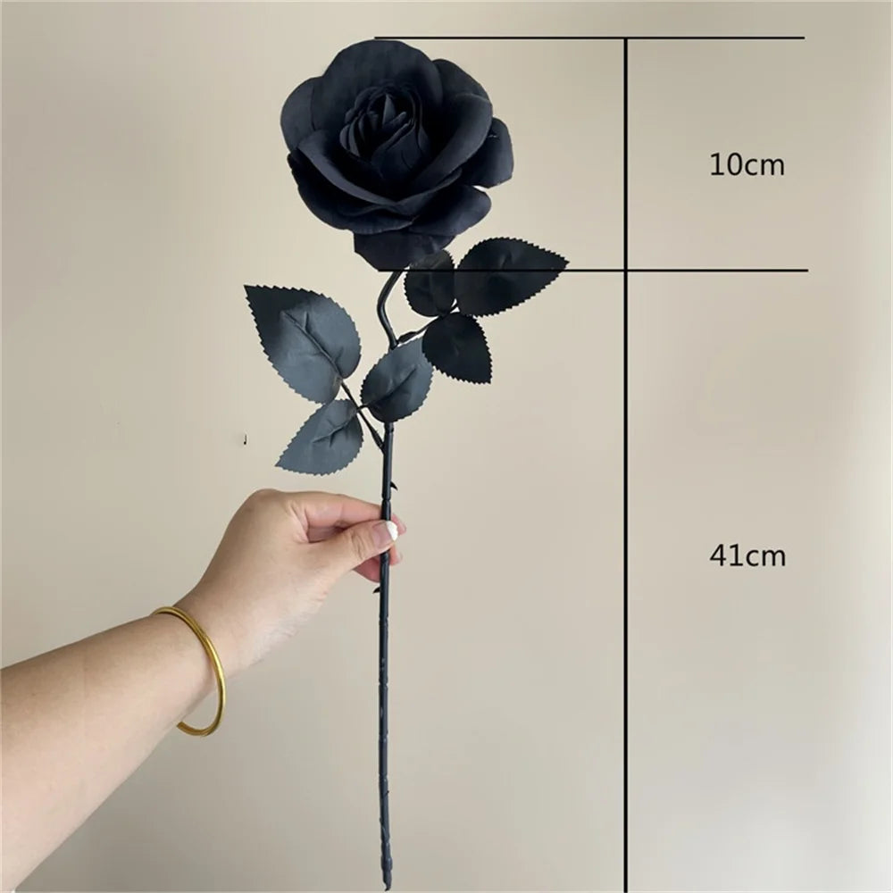 Halloween Black Artificial Rose Flowers Dark Horror Gothic Black Simulated Flower Bouquet for Home Wedding Party Halloween Decor