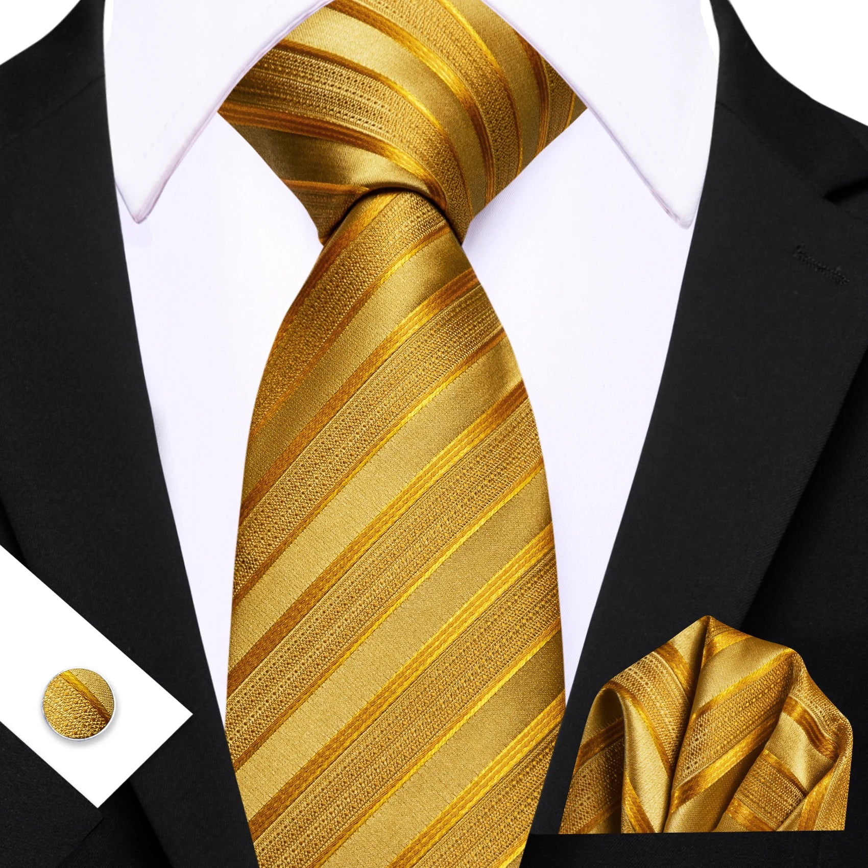 Barry.Wang Cravate Jacquard Or et Jaune pour Homme avec Mouchoir de Poche et Boutons de Manchette, Cravate Exquise pour Mariage et Affaires