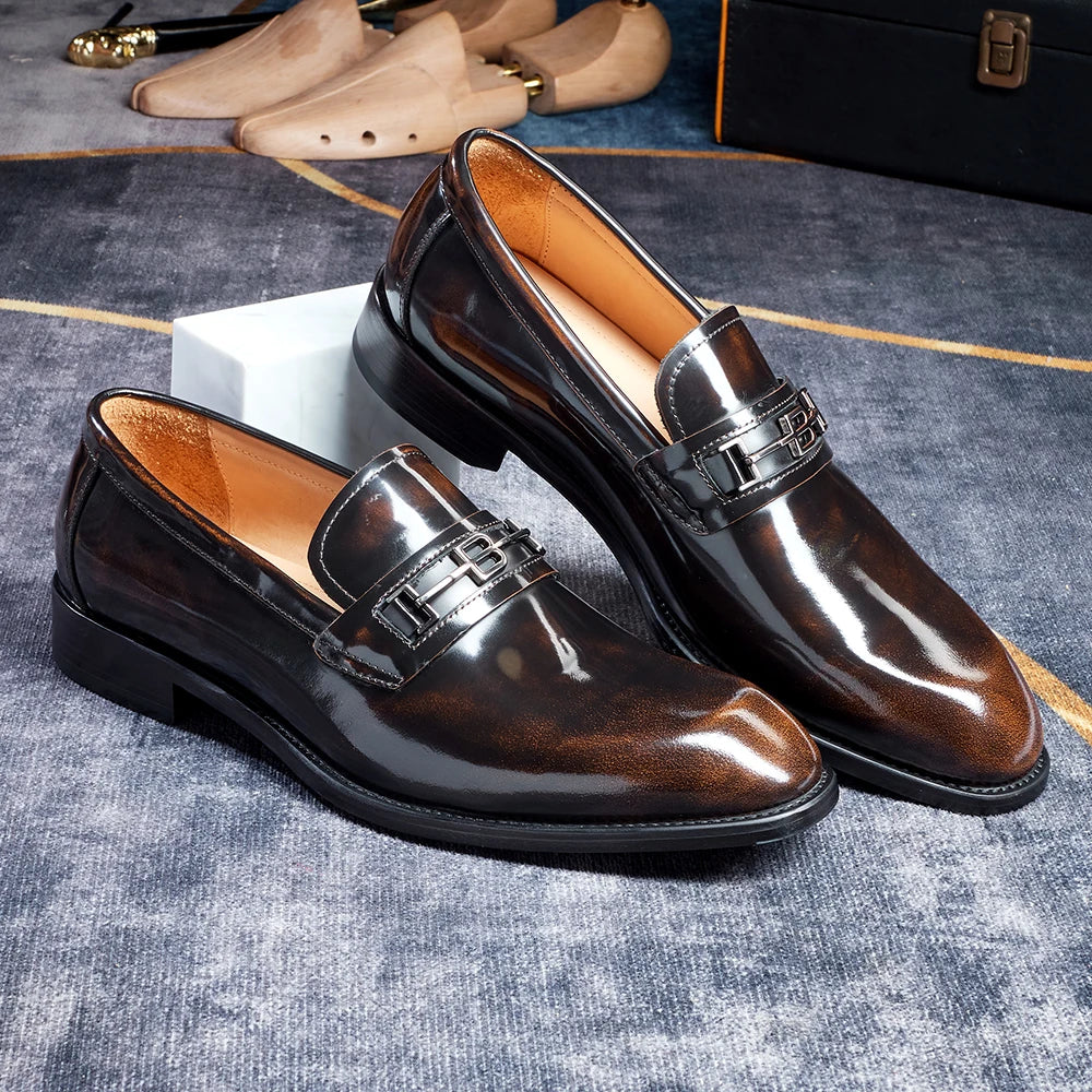 chaussures de ville pour homme en cuir verni, style mocassins marron à bout pointu, idéales pour un mariage, chaussures de marque, mocassins d'été tendance, chaussures à la mode