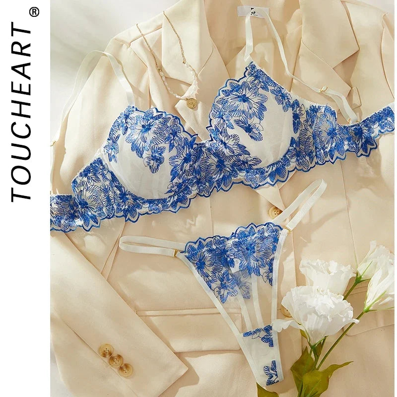 Toucheart Ensemble de Lingerie Sexy Bleu Confortable pour Femme Simple Sexy Perspective Dentelle Pure Lingerie de Désir