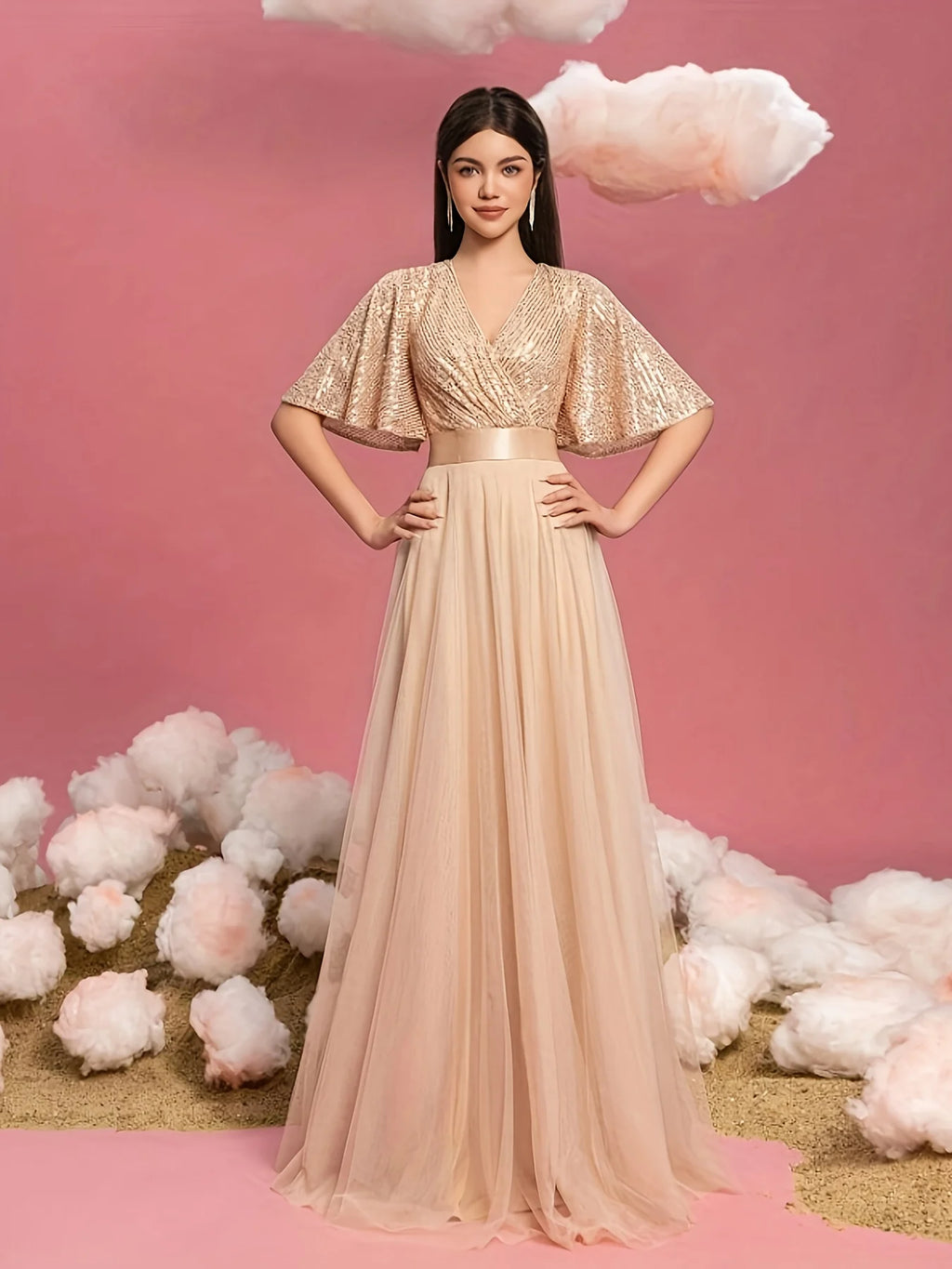 Elegant Women's Evening Gown with Flared Short Sleeves - Ideal for Parties & Wedding Events