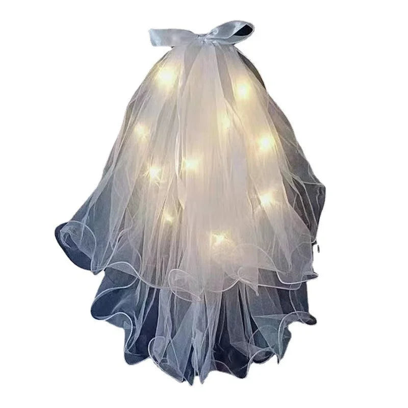 Voile mignon Cheveux Lumineux Fée Ruban Nœud Couronne Lampe LED Mariage Fournitures de Fête Maquillage Fille