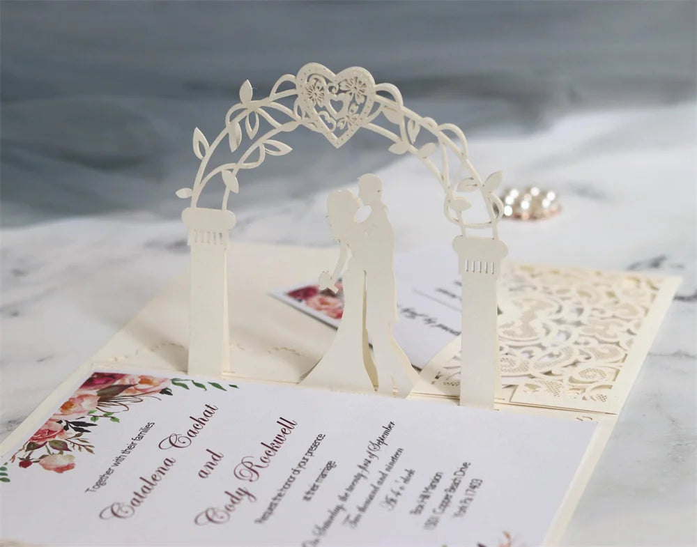 6 Pièces/Lot 3D Pop Up Mariés Ivoire Carte d'invitation de mariage Laser Poche Florale Douche nuptiale Invitations de fiançailles