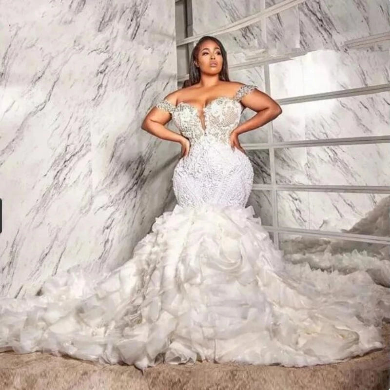 Robe de mariée sirène de luxe sud-africaine avec volants 2023, appliques de dentelle, cristaux, perles, grandes tailles, sur mesure