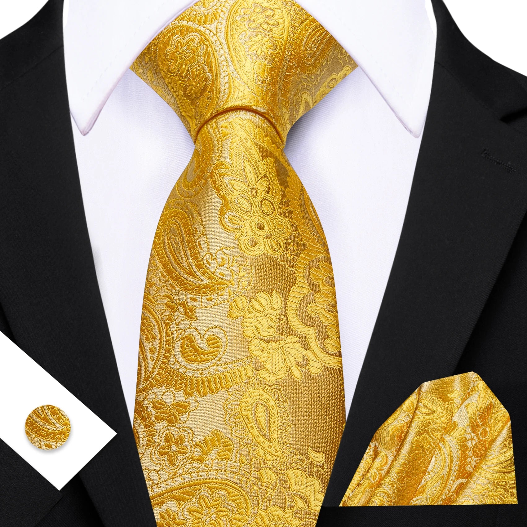 Barry.Wang Cravate Jacquard Or et Jaune pour Homme avec Mouchoir de Poche et Boutons de Manchette, Cravate Exquise pour Mariage et Affaires