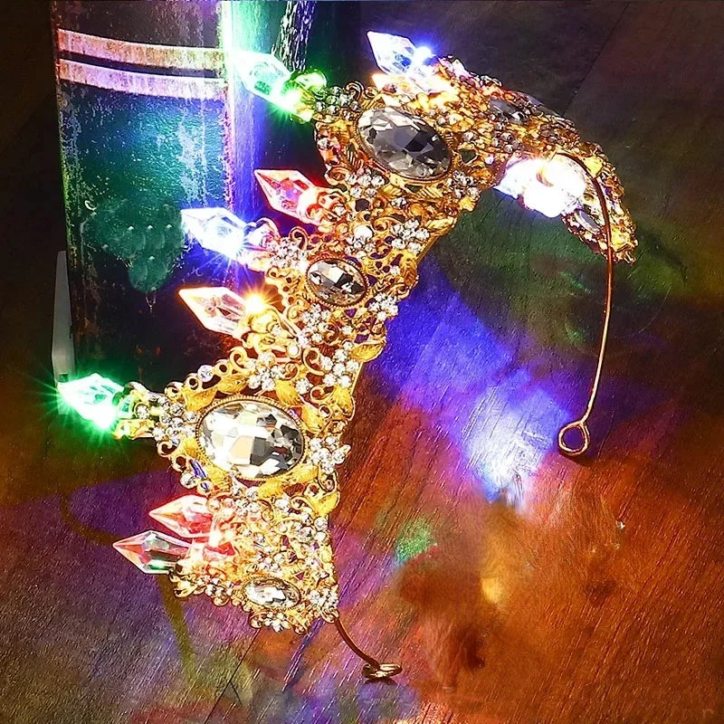 Accessoires de Cheveux de Mariée Lumineux Alliage Cristal Fête LED Lumineux Couronne Strass Diadème Fleur Reine Mariage Festival