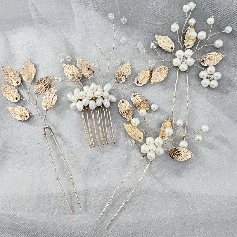 4Pcs Sets Pearl Wedding Hair Accessories Elegant Vintage Leaf Shaped Tiaras Handmade Bride Insert Hair Clip Bride Accessories
