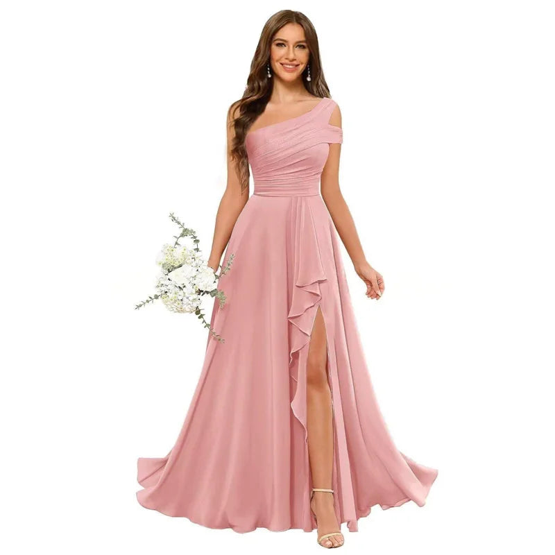 Robe de Demoiselle d'honneur en Mousseline Coupe Droite, Épaule Dénudée, Fendue, Plissée, Élégante pour Mariage, Soirée ou Bal, Dos Lacé