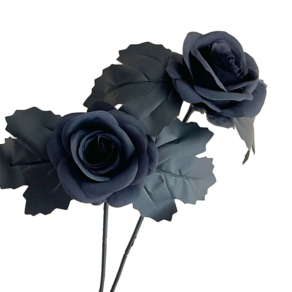 Halloween Black Artificial Rose Flowers Dark Horror Gothic Black Simulated Flower Bouquet for Home Wedding Party Halloween Decor
