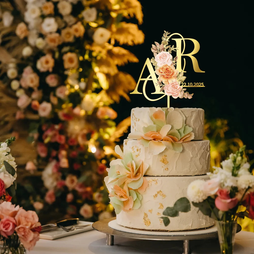Personalized Fall Wedding Cake Topper in Acrylic Custom Bride and Groom Initial Cake Topper Wedding Date Cake Decoration 01