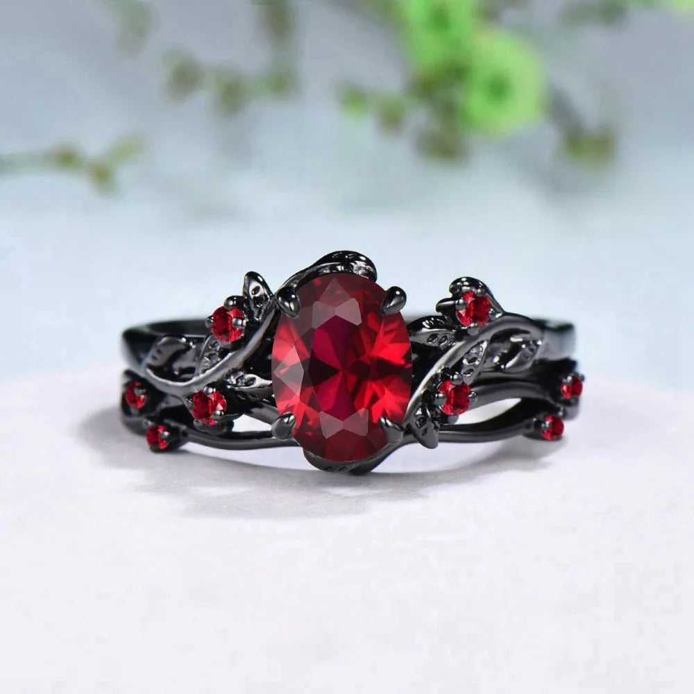 Bague gothique rétro en forme de fleur de rose noire avec branches croisées et cristal rouge, pour femme et homme, bijou de couple, cadeau
