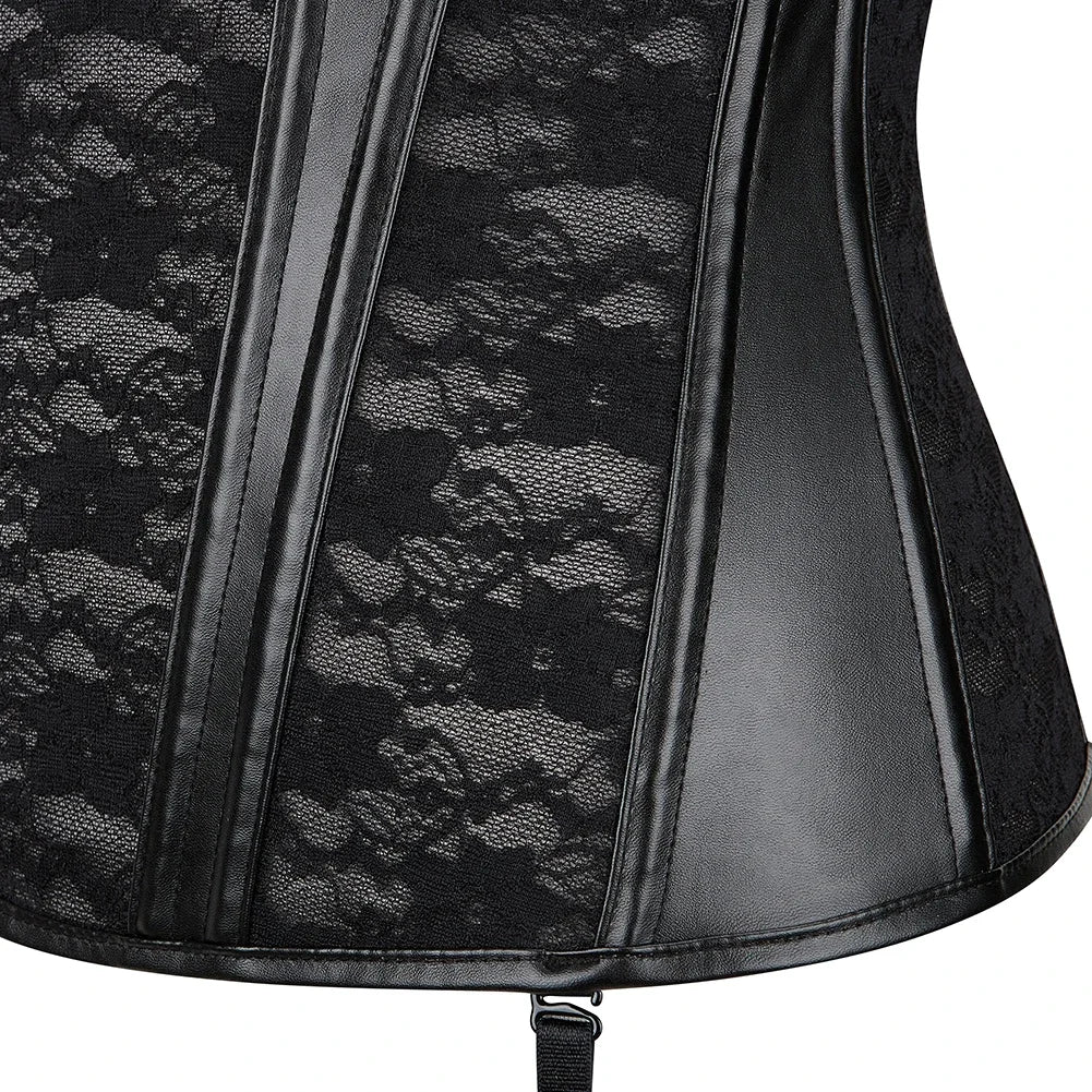 Black Faux Leather Gothic Corset Women Overbust Lace Trimmer Korset Sexy Burlesque Lingerie Bustiers
