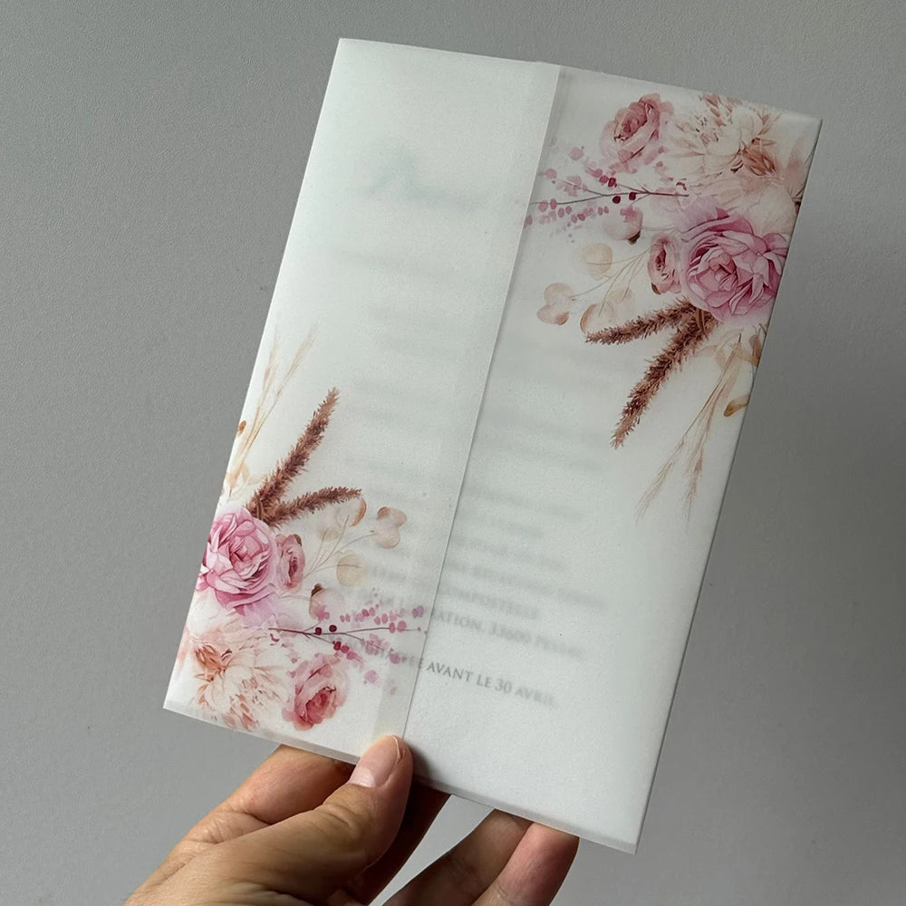 20pcs Watercolor flower Vellum  Wrap suitable for a 5 x 7 Wedding Invitation,vellum jacket,custom invitation