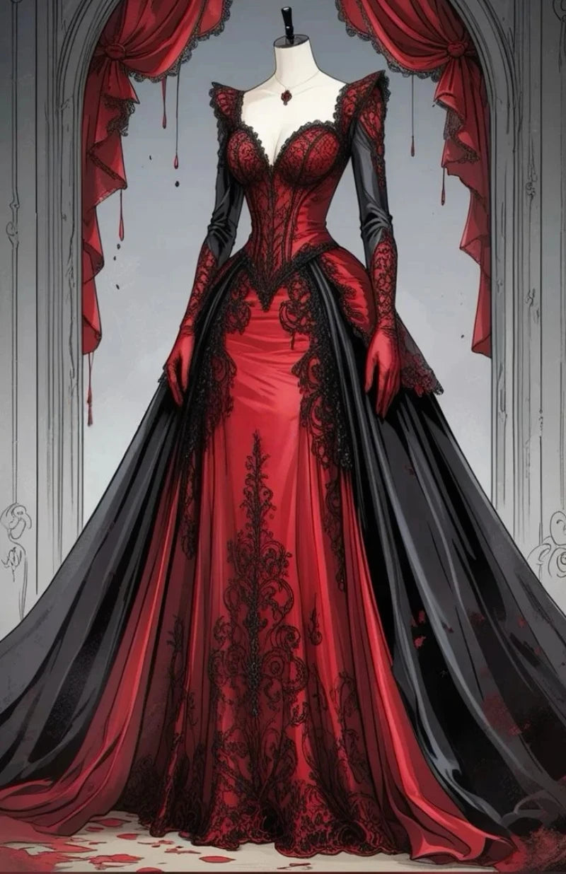 Robe de mariée gothique vampire à manches longues, avec appliques de dentelle, coupe trapèze, longue, vintage victorienne, corset de mariée personnalisé