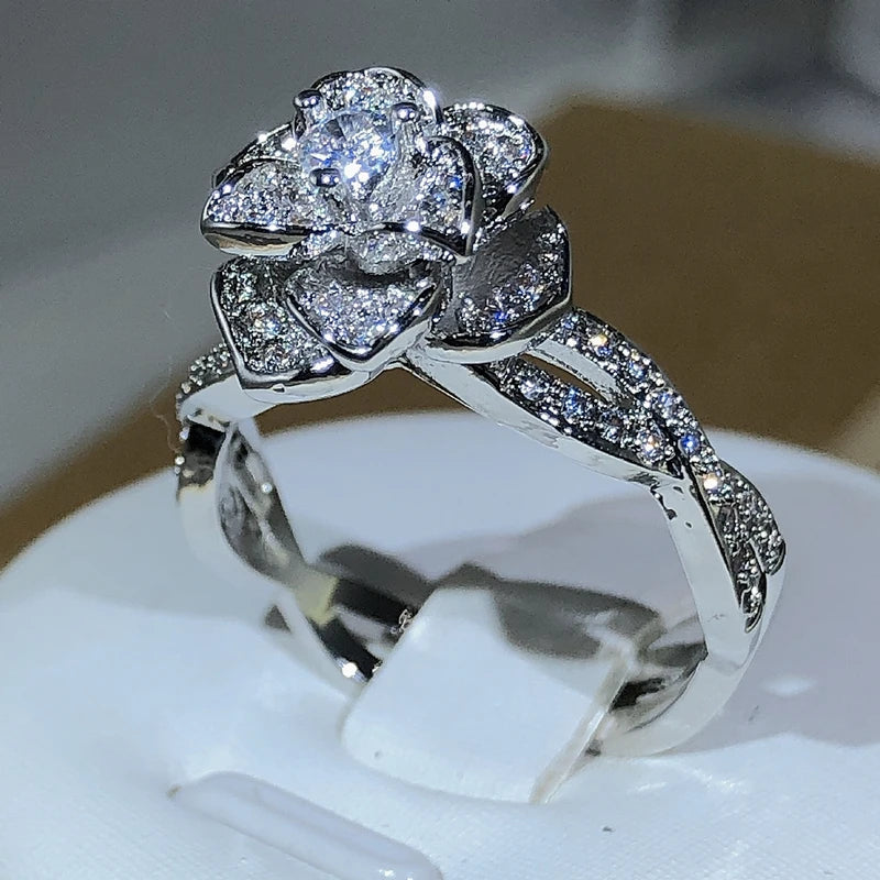 3D Rose Zircon Full Diamond Ring — 925 Sterling Silver