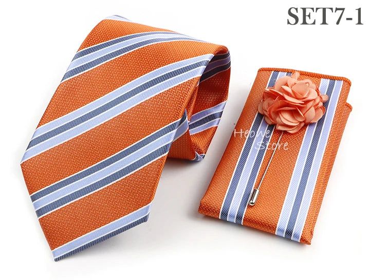 Men's Striped Necktie, Pocket Square & Brooch Set | Groom & Groomsmen Wedding Accessory
