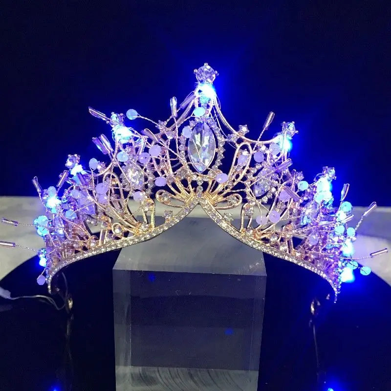 Accessoires de cheveux de mariée lumineux, en alliage, avec cristaux, LED, couronne lumineuse, strass, diadème, fleur, reine, mariage, festival, fête