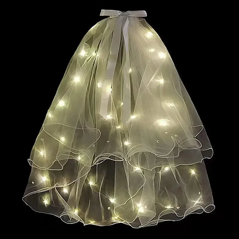 Voile mignon Cheveux Lumineux Fée Ruban Nœud Couronne Lampe LED Mariage Fournitures de Fête Maquillage Fille