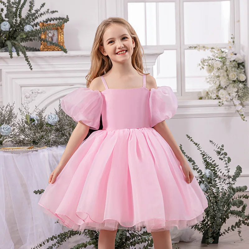 Robe gothique noire pour bébé fille de 4 à 8 ans, pour occasions formelles, manches bouffantes, robe de princesse pour fête d'anniversaire d'enfants avec nœud rose élégant