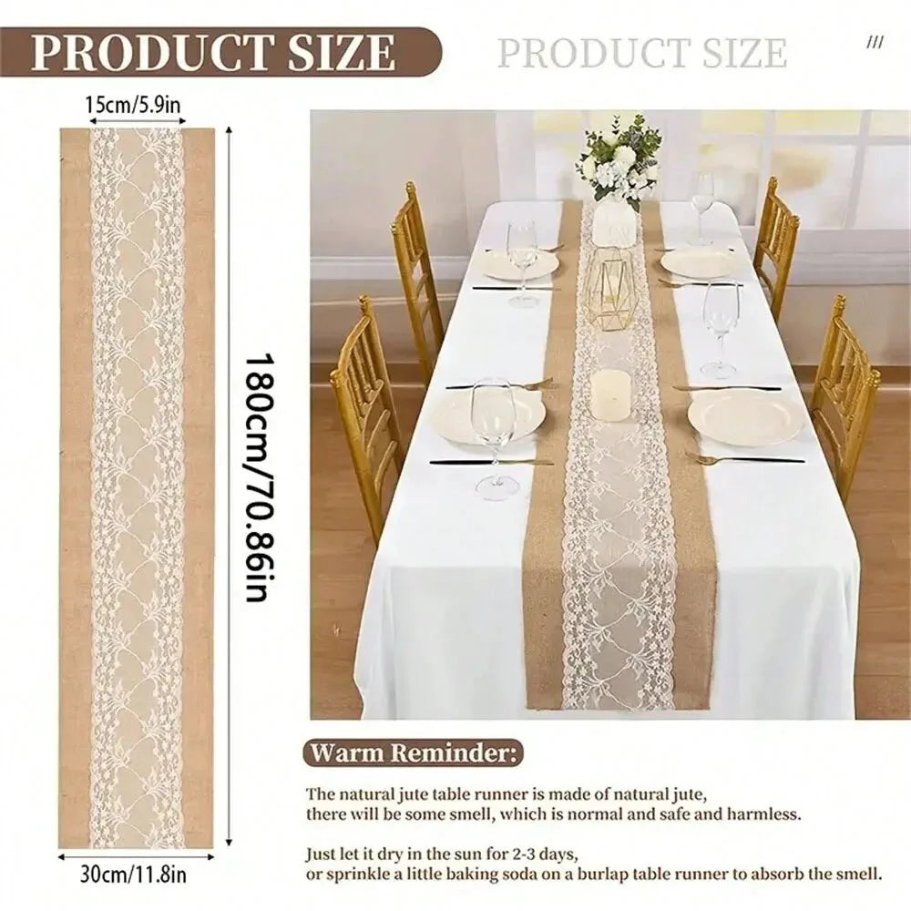Chemins de Table en Jute de Mariage avec Dentelle Blanche Décoration Rustique Nappe Vintage Romantique Cadeaux de Fête pour Décoration de Table