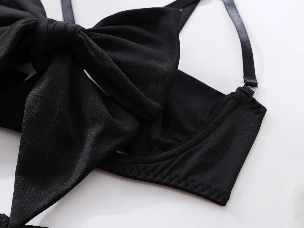 Ensemble de lingerie Ellolace Nœud Papillon Soutien-gorge Ouvert en Soie Sous-vêtements Sissy Bilizna Non Censurée Pornographie Sensuelle Intime Jarretière Strings Tenues Sexy