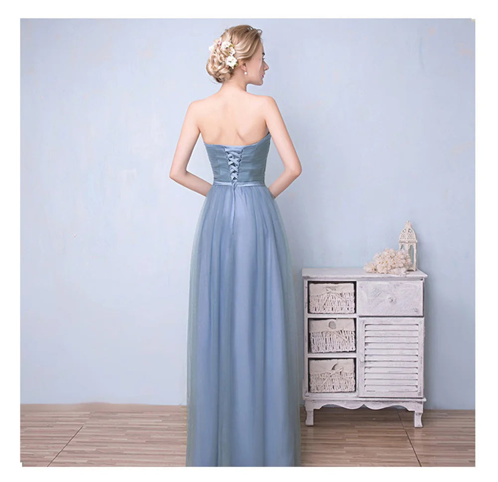Élégante Robe de Demoiselle d'honneur Gris Bleu Simple 4 styles sans Manches Femme Classique Tulle Ceinture Satin Lacets Nœud Robe de Bal Ligne A