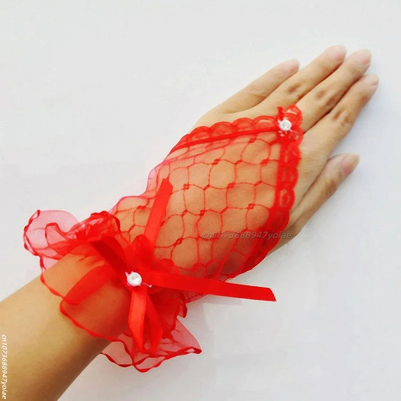 Gants courts noirs gothiques pour femme Harajuku, dentelle, mariage, Halloween, robe lolita, gaze filet, nœud, manche, gants résille
