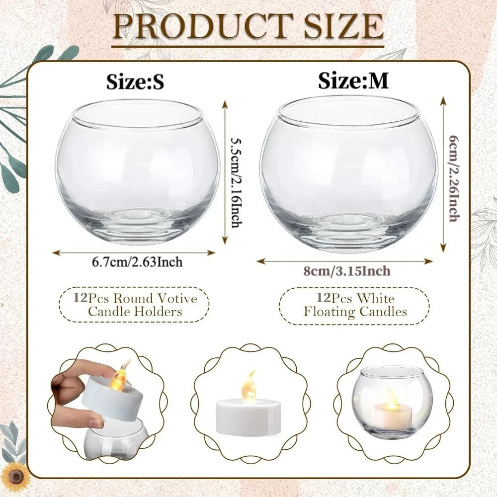 6Pcs Round Votive Candle Holders Glass Tealight Candle Holder Cup with LED Candles for Valentine's Day, Birthday Wedding Decor