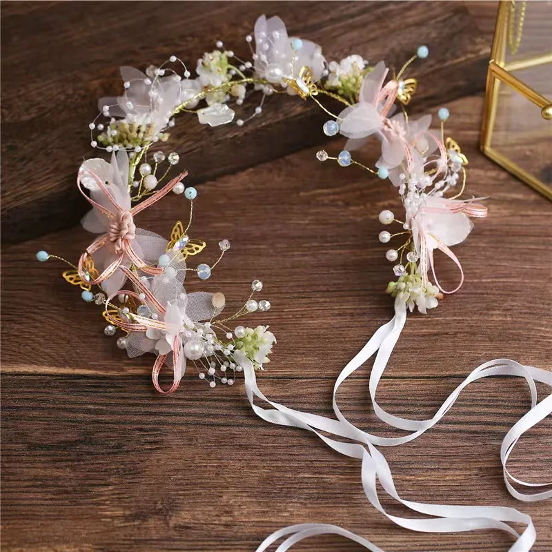Accessoire de mariage Couronne de mariée Bijoux de cheveux en cristal Tiare avec perles Fleurs Couronne de mariage Bandeau floral de mariée avec perles