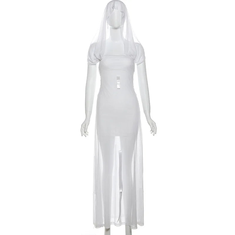 Goth Dark Fairycore Diverse Dressing Styles Partywear Sexy Strapless Hooded Long Dress Gothic Cute Bow Mesh Slim Bodycon Dresses