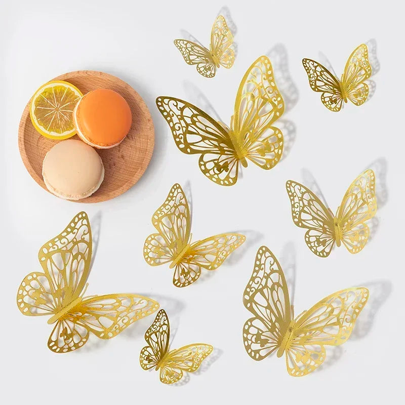 48pcs Gold Silver Hollow Butterfly Wall Stickers 3D Butterflies Bedroom Living Room Home Decoration Applique Wedding Decor