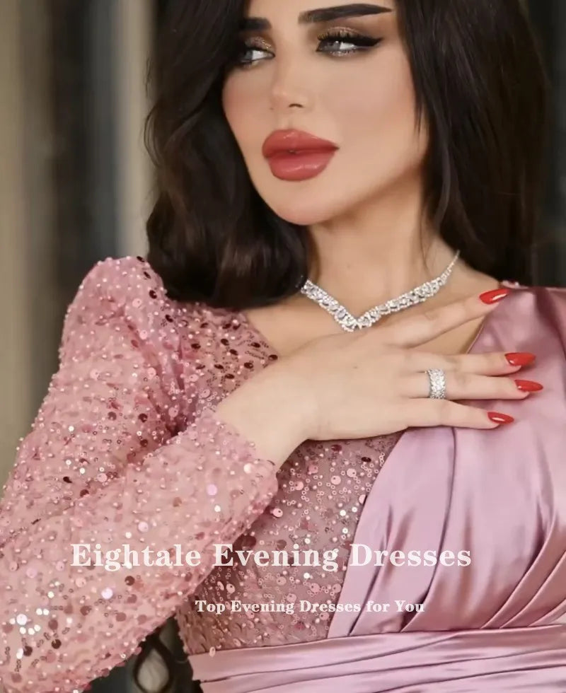 Eightale Robe de Soirée de Luxe Col en V Rose Poudré Personnalisée Manches Longues Pailletées Robe de Bal Arabe Robe de Soirée Mariage Vestidos De Gala