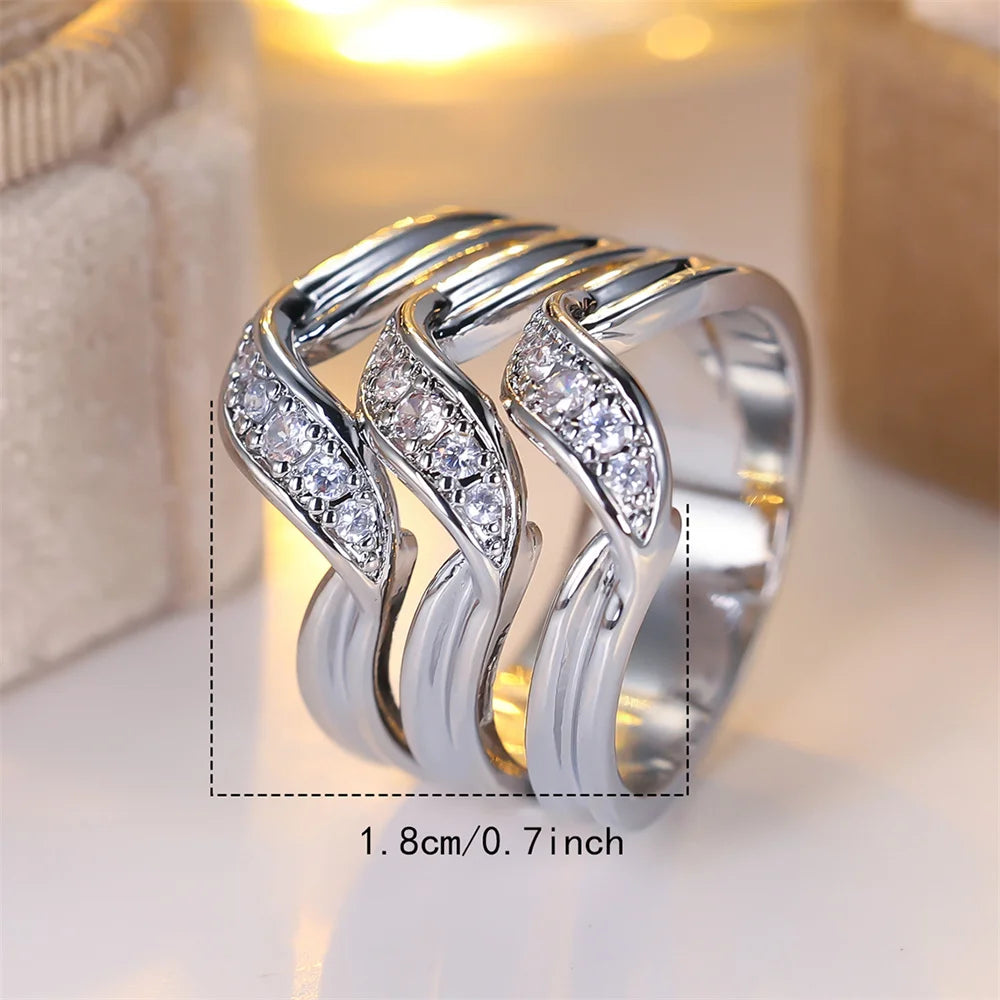 Bagues en pierre de cristal trois couches avec zircon blanc pour femme, bague de fiançailles couleur argent tendance, bijoux de mariage, cadeau polyvalent pour mariée
